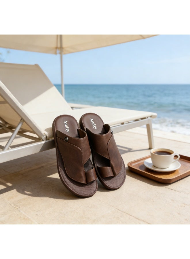 Men's Arabic-Style Coffee Toe-Ring Slippers, With Fixed Metal Round Decorative Buckle, Flat Casual Slippers, Soft And Non-Slip Summer Slippers, For Everyday Indoor And Outdoor Wear - Image 3