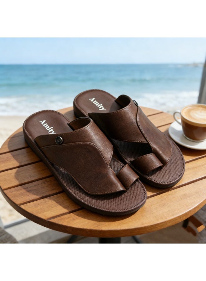 Men's Arabic-Style Coffee Toe-Ring Slippers, With Fixed Metal Round Decorative Buckle, Flat Casual Slippers, Soft And Non-Slip Summer Slippers, For Everyday Indoor And Outdoor Wear - Image 1