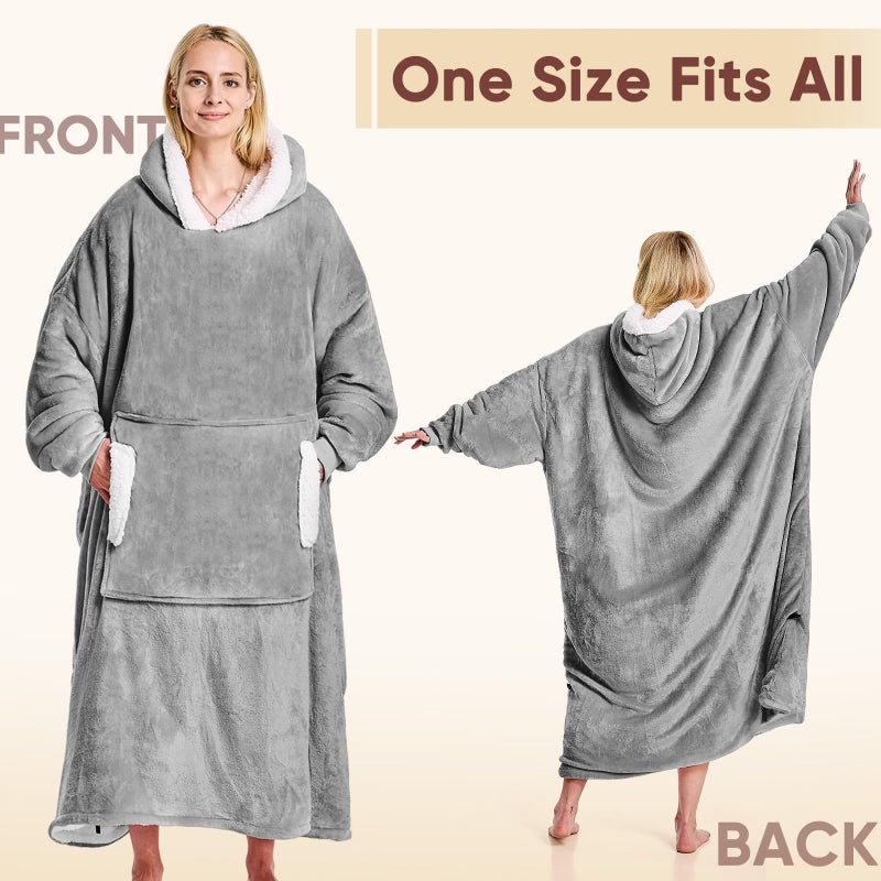 yescool Wearable Blanket Hoodie - birthday gifts for Adults/Women/mom  Flannel Cozy Sherpa Fleece Blanket Sweatshirt with Hood  Pocket & Sleeves Largre  One Size Fits All (Cloud) - Image 2
