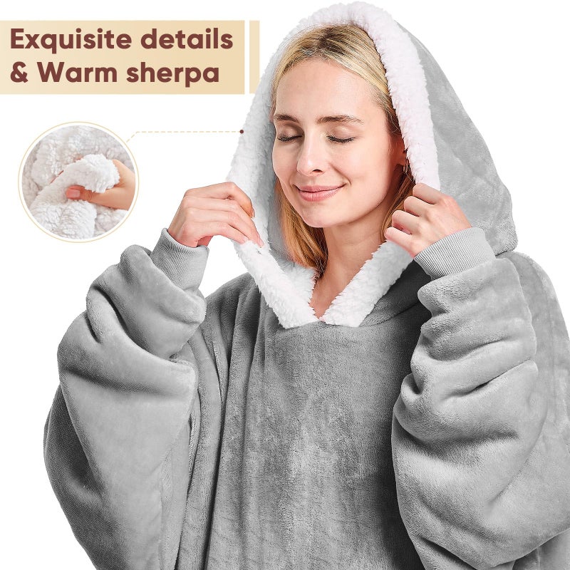 yescool Wearable Blanket Hoodie - birthday gifts for Adults/Women/mom  Flannel Cozy Sherpa Fleece Blanket Sweatshirt with Hood  Pocket & Sleeves Largre  One Size Fits All (Cloud) - Image 4