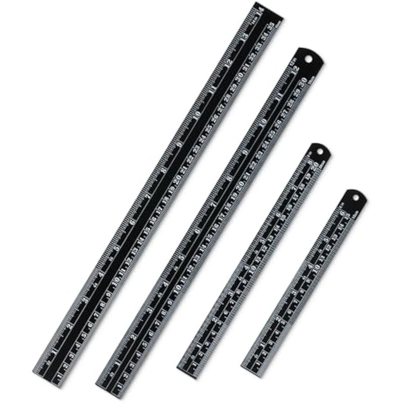 - Stainless Steel Ruler, 4 pcs, 6, 8, 12, 14, Black, Imperial & Metric Measurements, Metric Metal Ruler Set, mm Ruler, Metal Rulers, Small Metal Ruler Metal Straight Edge, Centimeter Ruler - Image 1