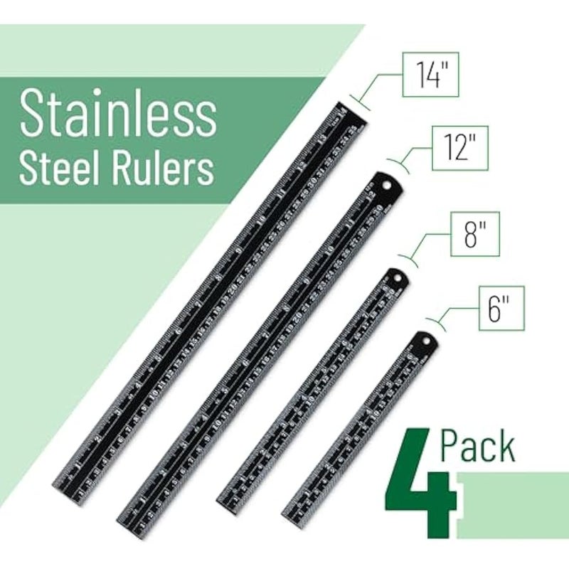 - Stainless Steel Ruler, 4 pcs, 6, 8, 12, 14, Black, Imperial & Metric Measurements, Metric Metal Ruler Set, mm Ruler, Metal Rulers, Small Metal Ruler Metal Straight Edge, Centimeter Ruler - Image 2