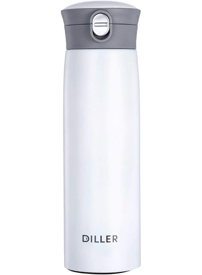 Diller Hydro Flask Thermos Double Wall Vacuum Insulated Stainless Steel Water Bottle (450ml), BPA-free, with Spout Lid, Leak Proof Flask, Hot and Cold Thermos Travel Mug (White) - Image 1