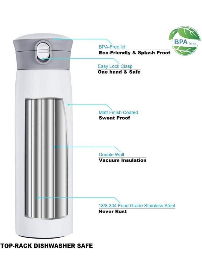 Diller Hydro Flask Thermos Double Wall Vacuum Insulated Stainless Steel Water Bottle (450ml), BPA-free, with Spout Lid, Leak Proof Flask, Hot and Cold Thermos Travel Mug (White) - Image 3