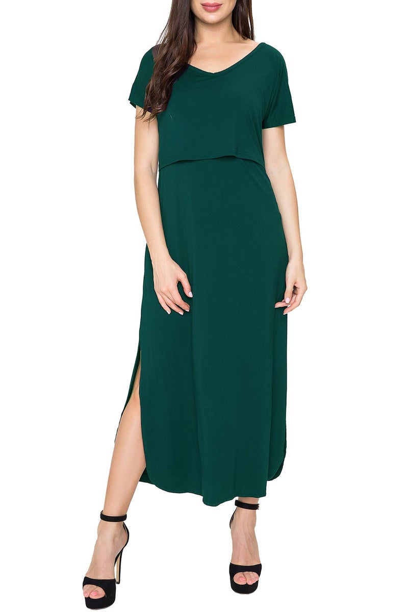 Smallshow Women's Maternity Nursing Dresses Split Long Dress for Breastfeeding Small Deep Green - Image 2