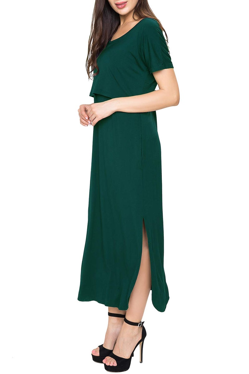 Smallshow Women's Maternity Nursing Dresses Split Long Dress for Breastfeeding Small Deep Green - Image 4