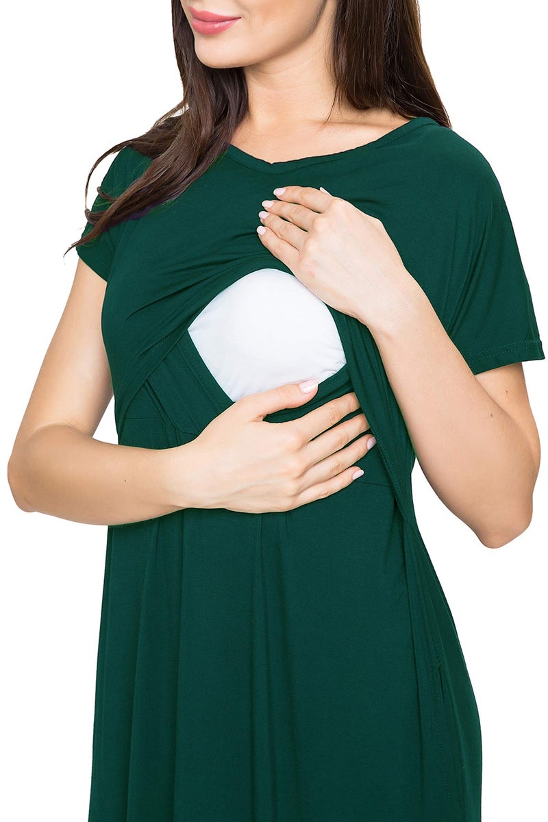 Smallshow Women's Maternity Nursing Dresses Split Long Dress for Breastfeeding Small Deep Green - Image 3
