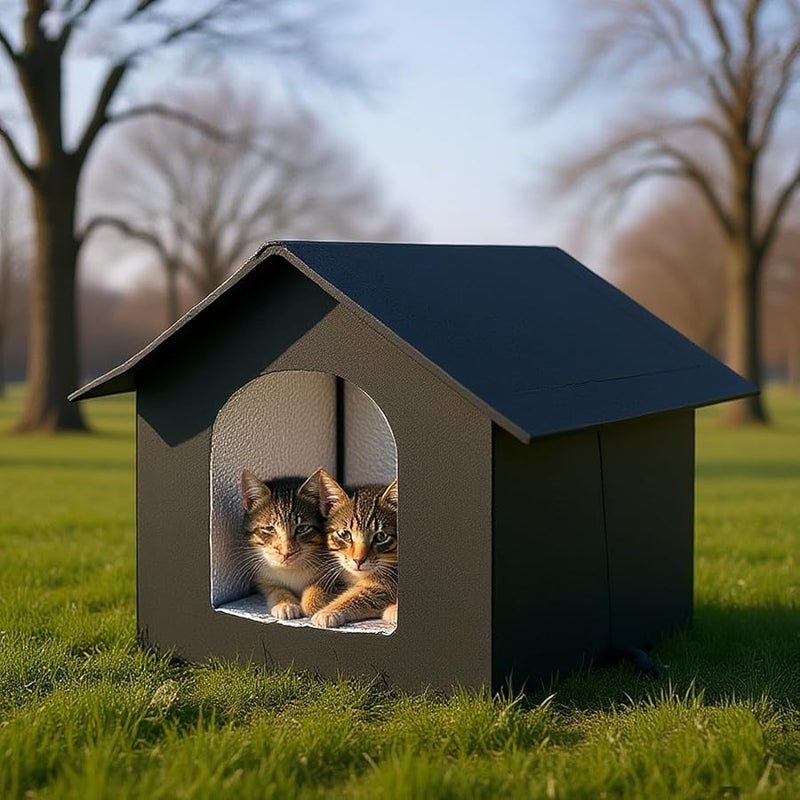 Insulated Outdoor Cat House Winter Shelter with Raised Base Large Size Black - Image 3