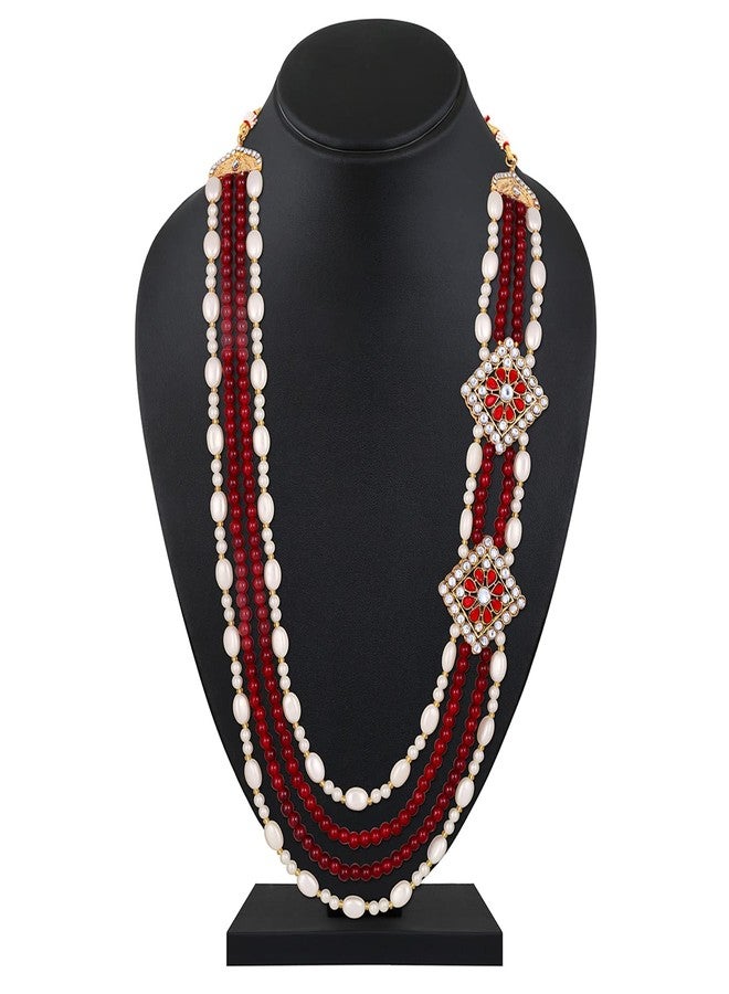 Mahi 4 Layers Maroon and White Glass Beads Base Dulha Moti Mala Haar Necklace for Men's (ML1108097GMar) - Image 3