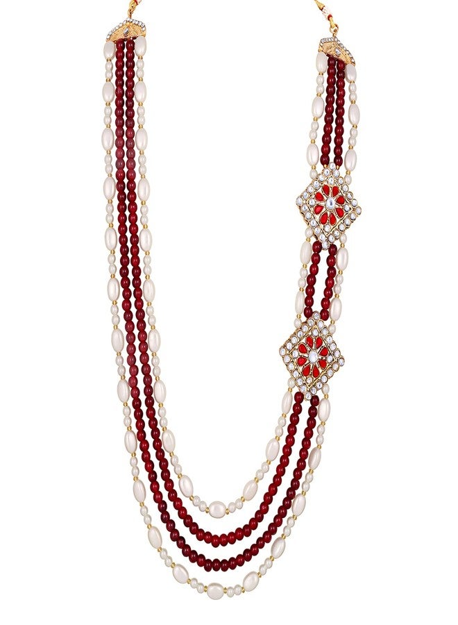 Mahi 4 Layers Maroon and White Glass Beads Base Dulha Moti Mala Haar Necklace for Men's (ML1108097GMar) - Image 1
