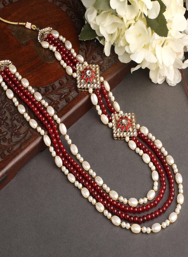 Mahi 4 Layers Maroon and White Glass Beads Base Dulha Moti Mala Haar Necklace for Men's (ML1108097GMar) - Image 2