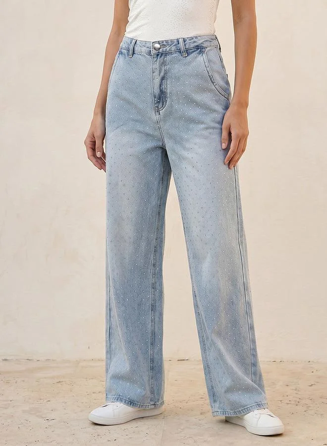 Denim High-Rise Jeans with Embellished Design