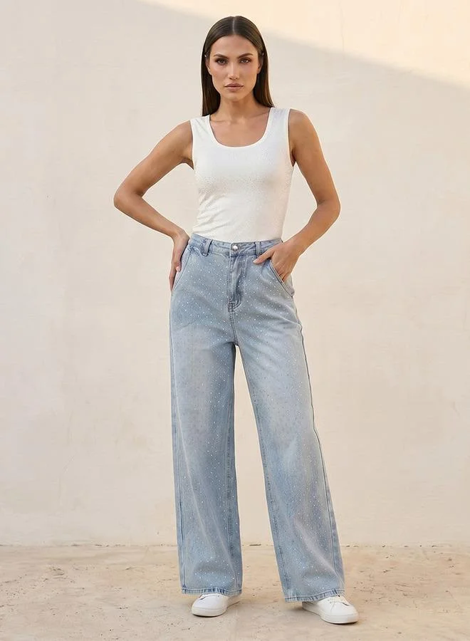 Splash FAV BLUE Denim High-Rise Jeans with Embellished Design for Women | Best Price UAE