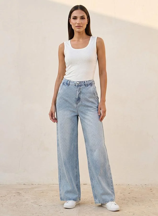 Splash FAV BLUE Denim High-Rise Jeans with Embellished Design for Women | Best Price UAE