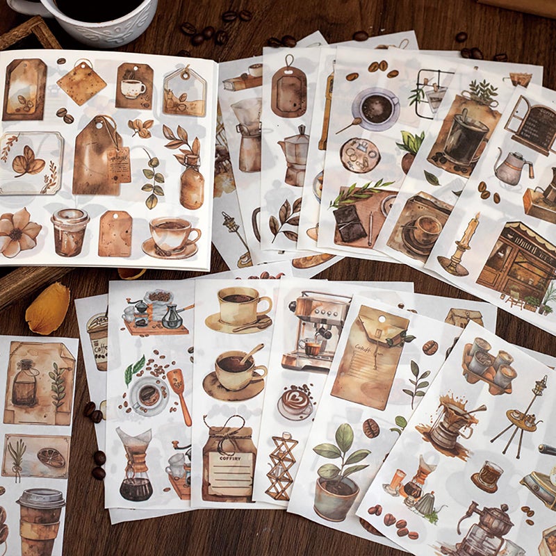 Doraking Coffee Sticker Scrapbooking Supplies for Junk Journal, 50 Sheets Vintage Washi Stickers for Journaling DIY Crafts Arts, Ephemera Sticker Book Precut - Image 1