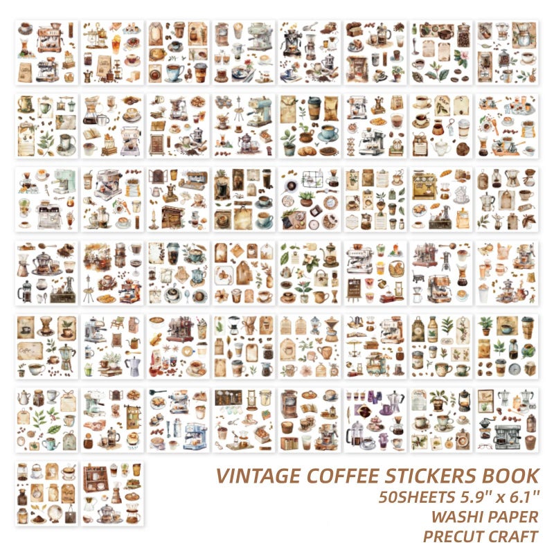 Doraking Coffee Sticker Scrapbooking Supplies for Junk Journal, 50 Sheets Vintage Washi Stickers for Journaling DIY Crafts Arts, Ephemera Sticker Book Precut - Image 3