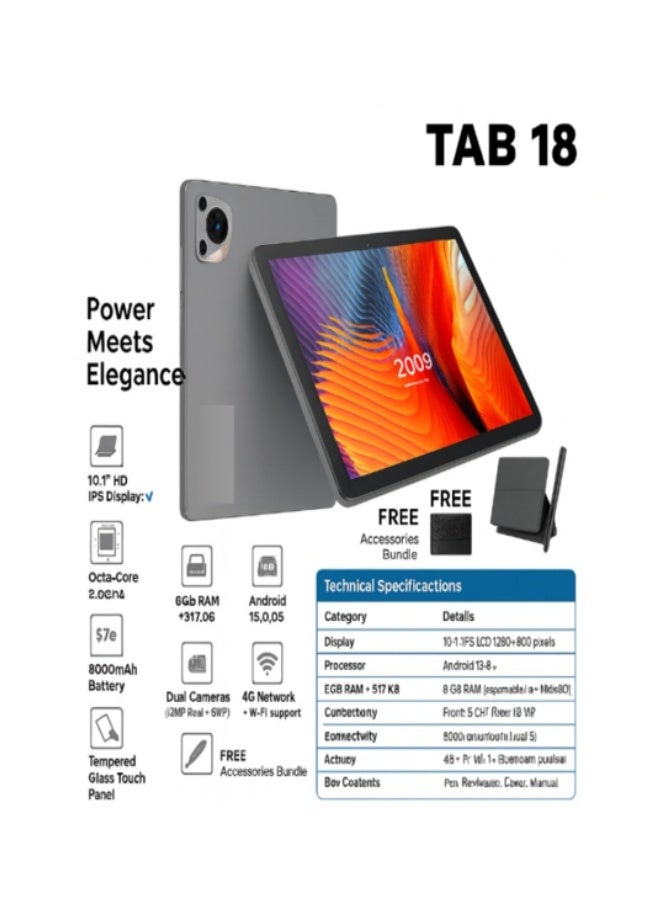 JAJEEK تاب 18 جهاز لوحي أندرويد 10.1 بوصة عرض HD، 8 جيجابايت RAM 512 جيجابايت ROM، أندرويد 15، معالج ثماني النواة، كاميرا 13 ميجابكسل + 8 ميجابكسل، بطارية 8000 مللي أمبير، 4G LTE، غطاء لوحة مفاتيح وقلم مرفق، رمادي - Image 3