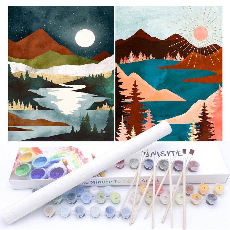 BAISITE Paint by Numbers Kit for Adults Beginners12 Wx16 L 2 Pack Canvas for Painting Kits for Adults in Colorful BoxSunrise Lake Mountains 6970