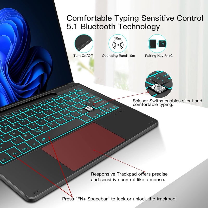 غطاء لوحة مفاتيح لـ Microsoft Surface Pro 11/Pro 10/Pro 9/Pro 8/Pro X مقاس 13 بوصة، لوحة مفاتيح محمولة بتقنية البلوتوث 5.1 لاسلكية بإضاءة خلفية بـ 7 ألوان لـ Surface Pro 11/10/9/8/X مع لوحة لمس وحامل قلم - أسود - Image 5