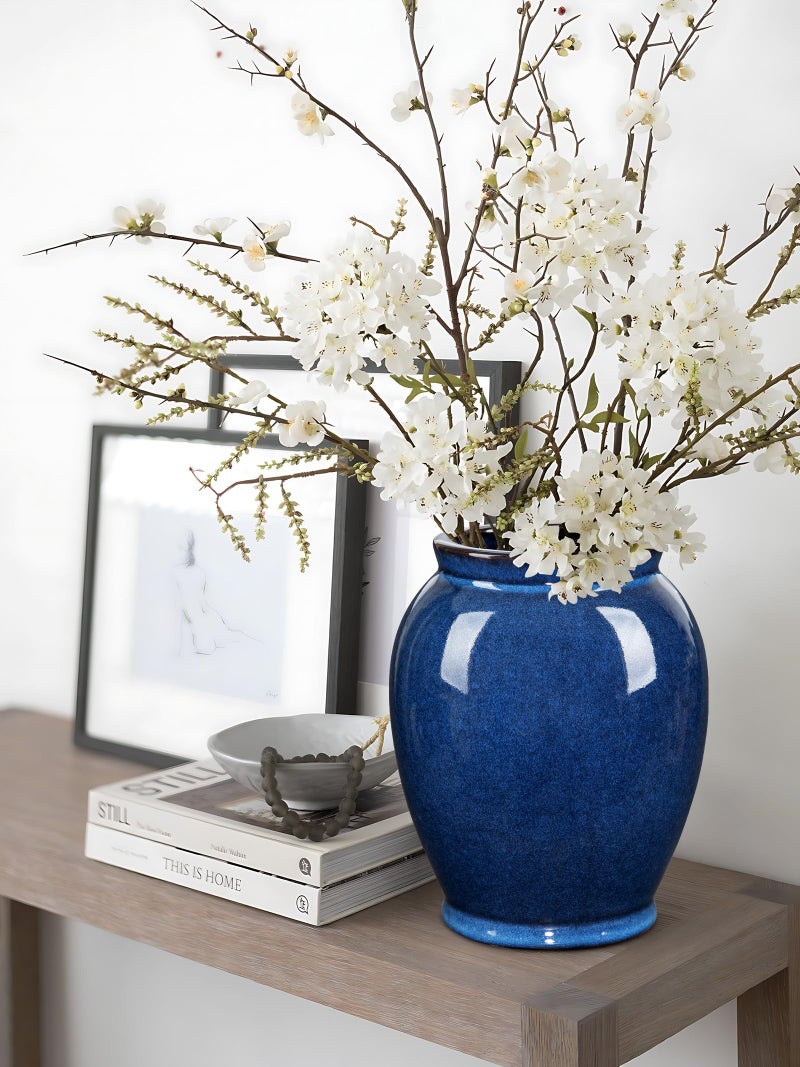 Hollyone Blue Large Ceramic Vases for Flowers Navy Blue Glazed Pottery Vases Rustic Modern Farmhouse Distressed Decorative Vase for Home Kitchen Mantel Shelf Living Room Table Centerpiece Decor - 6.7 Inch Tall - Image 5