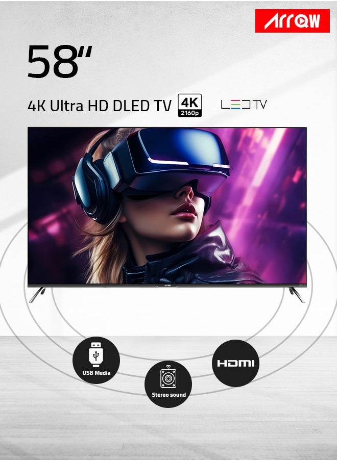 ARRQW 58 Inch 4K UHD Frameless Smart Google TV, 3840x2160 Resolution, 5000:1 Contrast, 60Hz Refresh Rate, Android 11, HDR10, Dolby/Dolby+, 1.07B Colors, 3 HDMI & 2 USB Ports, Bluetooth 5.0, Wi-Fi, Multiscreen, Wall Stand | Model No: RO-58LCS-11  - Image 3