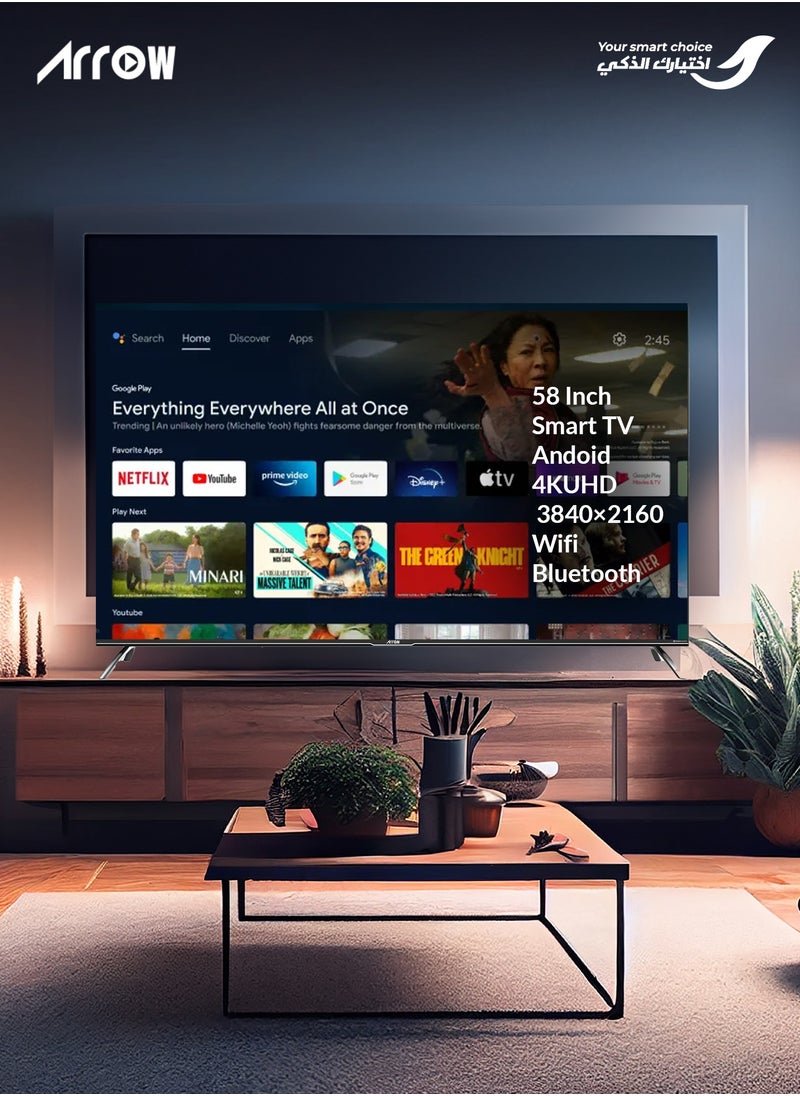 ARRQW 58 Inch 4K UHD Frameless Smart Google TV, 3840x2160 Resolution, 5000:1 Contrast, 60Hz Refresh Rate, Android 11, HDR10, Dolby/Dolby+, 1.07B Colors, 3 HDMI & 2 USB Ports, Bluetooth 5.0, Wi-Fi, Multiscreen, Wall Stand | Model No: RO-58LCS-11  - Image 4