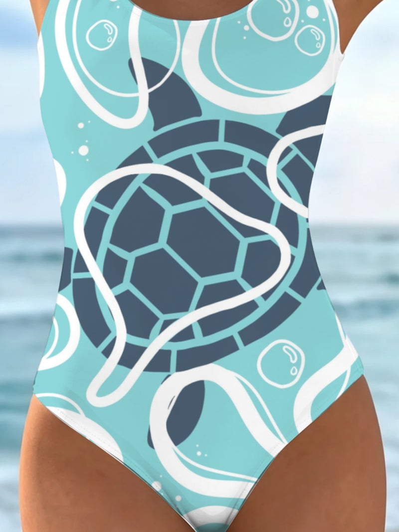 Abstract Sea‑Turtle and Bubble Print One‑Piece Swimsuit Women Summer Sleeveless Bathing Suit - Image 5