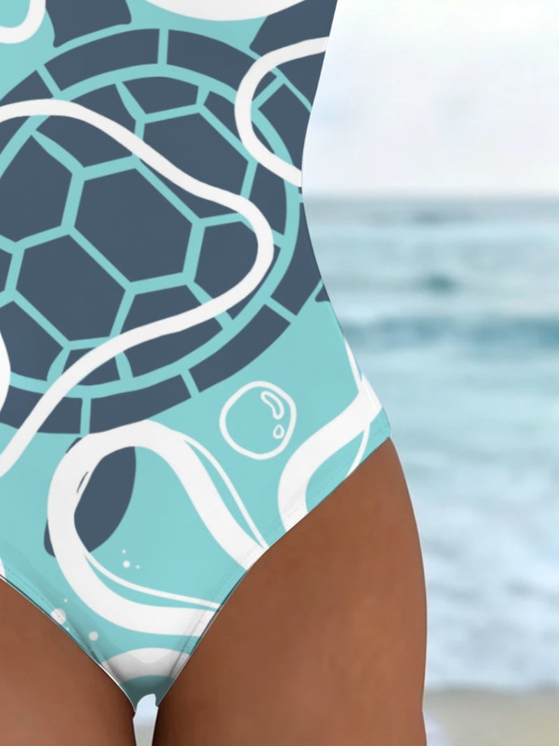 Abstract Sea‑Turtle and Bubble Print One‑Piece Swimsuit Women Summer Sleeveless Bathing Suit - Image 3