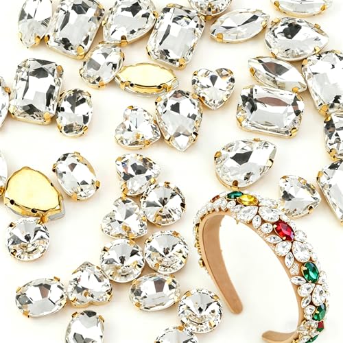 Choupee 48PCS White Crystal Sew On Rhinestones with Gold Prongs, Assorted 6 Large Shapes No Tiny Pieces, Sewing Gems for Costume Bags Shoes Jewelry Making - Image 1