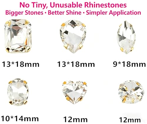Choupee 48PCS White Crystal Sew On Rhinestones with Gold Prongs, Assorted 6 Large Shapes No Tiny Pieces, Sewing Gems for Costume Bags Shoes Jewelry Making - Image 3
