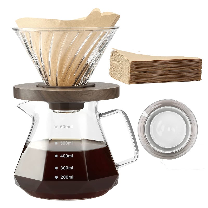 Lalord Lalord Pour Over Coffee Maker 20 oz Borosilicate Glass Carafe with 100 pcs V60 Paper Filter by Gsform Walnut Handle  Glass Lid Drip Coffee Maker for Home Caf Restaurant Camping 600 ml Clear