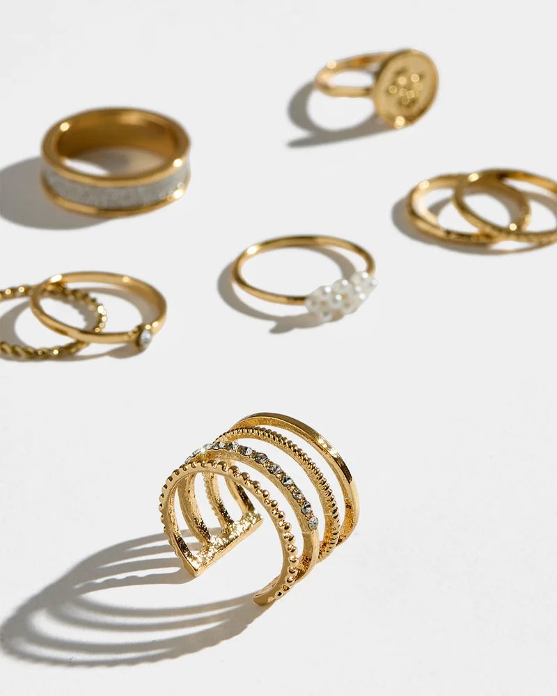 REDTAG Women Gold Embellished Rings Set (8 Piece)