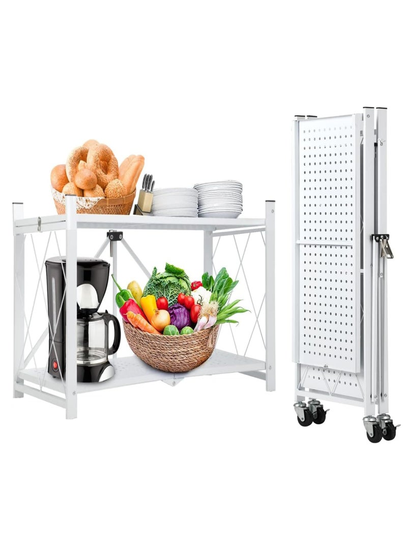 ACPLAY 2 Tier Thickened Foldable Storage Rack with Wheels,No Assembly,Large Capacity Shelves,Heavy-Duty Metal Shelving Unit Rolling Cart for Garage, Kitchen, Basement, Pantry(White, 2-Tier) - Image 1