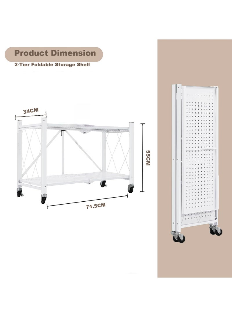 ACPLAY 2 Tier Thickened Foldable Storage Rack with Wheels,No Assembly,Large Capacity Shelves,Heavy-Duty Metal Shelving Unit Rolling Cart for Garage, Kitchen, Basement, Pantry(White, 2-Tier) - Image 2