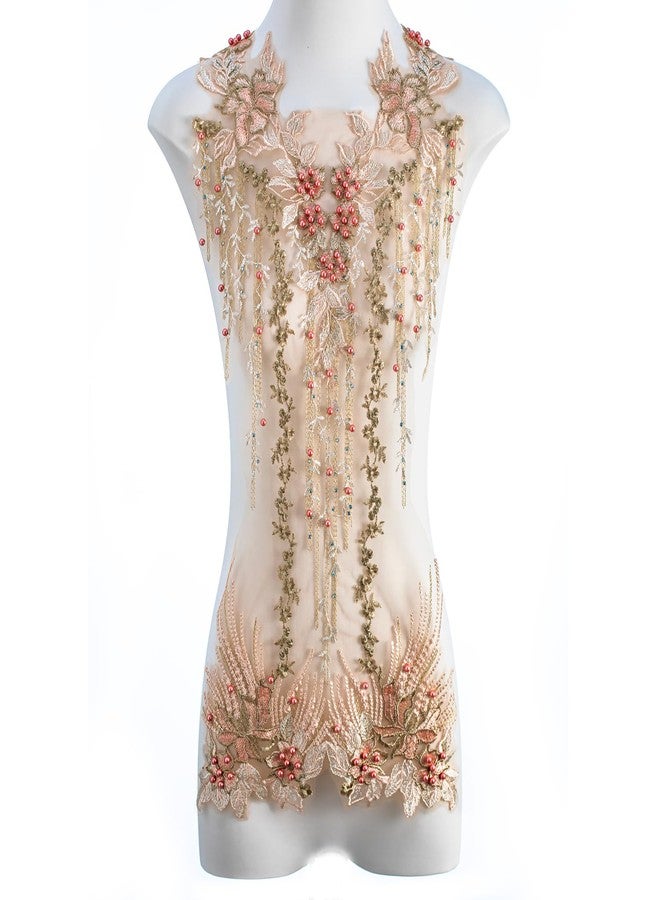 FixrWre Beaded Pearl Flower Fabric Lace Applique, Floral Embroidered Patches Handmade Sewing Tool for DIY Neckline Bodice Wedding Bridal Prom Dress(Apricot-Large) - Image 1