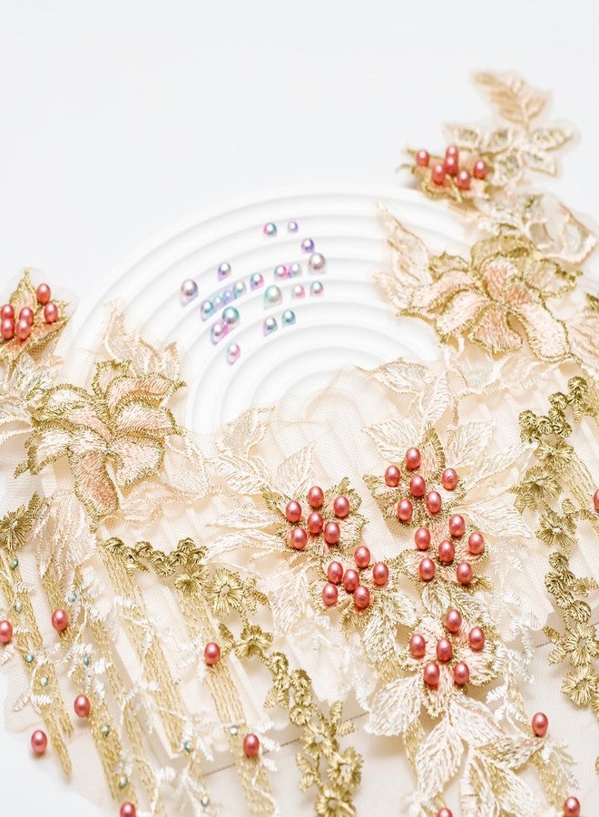FixrWre Beaded Pearl Flower Fabric Lace Applique, Floral Embroidered Patches Handmade Sewing Tool for DIY Neckline Bodice Wedding Bridal Prom Dress(Apricot-Large) - Image 2