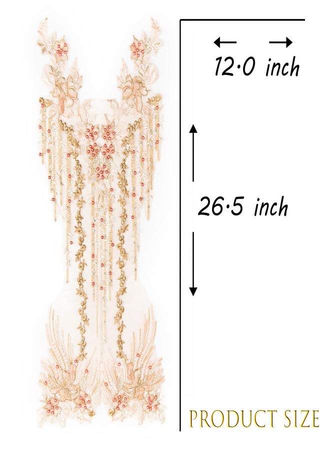 FixrWre Beaded Pearl Flower Fabric Lace Applique, Floral Embroidered Patches Handmade Sewing Tool for DIY Neckline Bodice Wedding Bridal Prom Dress(Apricot-Large) - Image 3