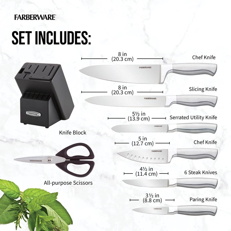 Farberware Self-Sharpening 13-Piece Knife Block Set with EdgeKeeper Technology, High Carbon-Stainless Steel Kitchen Knives, Razor-Sharp Knife Set with Wood Block, Black - Image 3