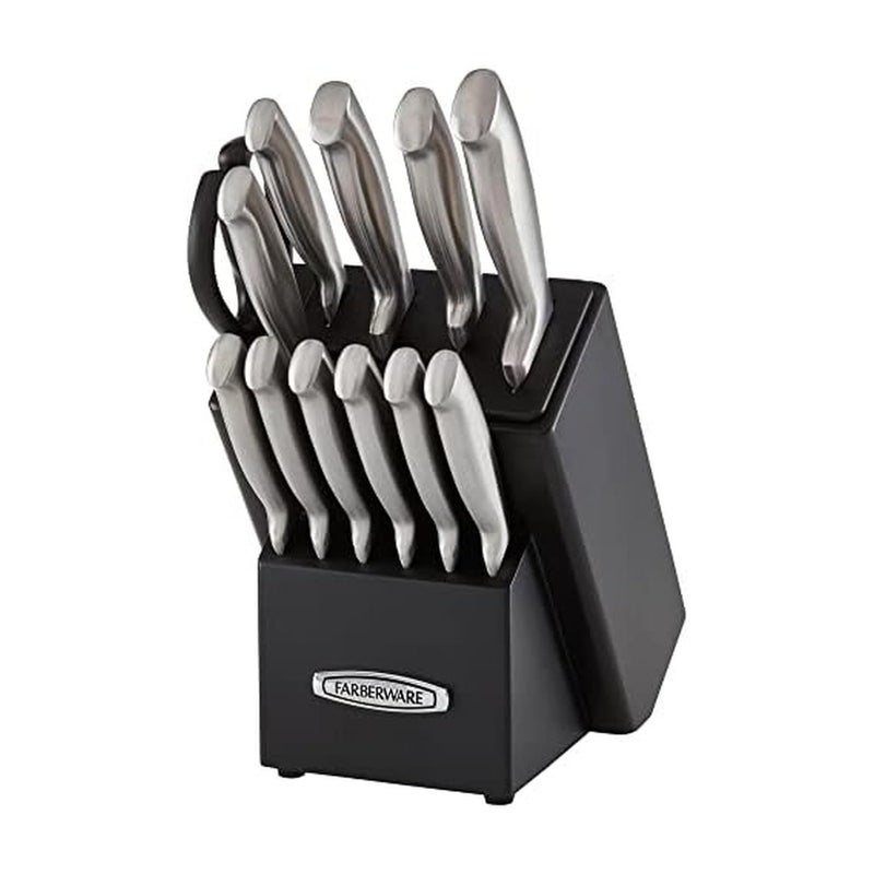 Farberware Self-Sharpening 13-Piece Knife Block Set with EdgeKeeper Technology, High Carbon-Stainless Steel Kitchen Knives, Razor-Sharp Knife Set with Wood Block, Black - Image 1