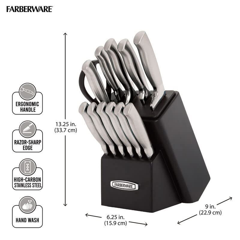 Farberware Self-Sharpening 13-Piece Knife Block Set with EdgeKeeper Technology, High Carbon-Stainless Steel Kitchen Knives, Razor-Sharp Knife Set with Wood Block, Black - Image 2