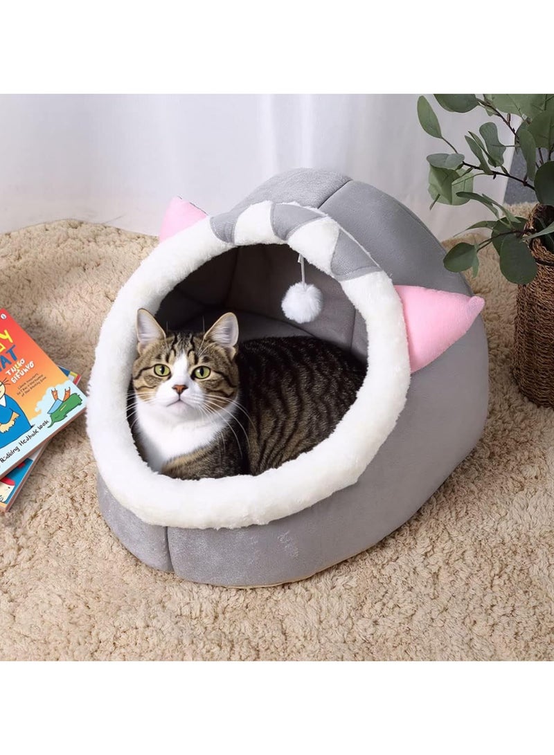 Homify Cave Cat Bed with Hanging Toy, 45*42*38CM Cat Bed Large, Soft Plush Pet Bed with  Removable Cotton Cushion, Machine Washable Cat House with Anti-Slip Bottom - Image 1