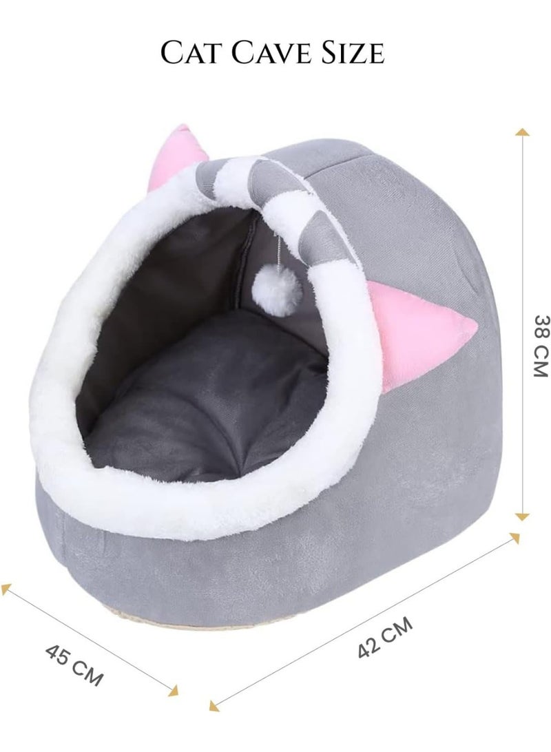 Homify Cave Cat Bed with Hanging Toy, 45*42*38CM Cat Bed Large, Soft Plush Pet Bed with  Removable Cotton Cushion, Machine Washable Cat House with Anti-Slip Bottom - Image 4