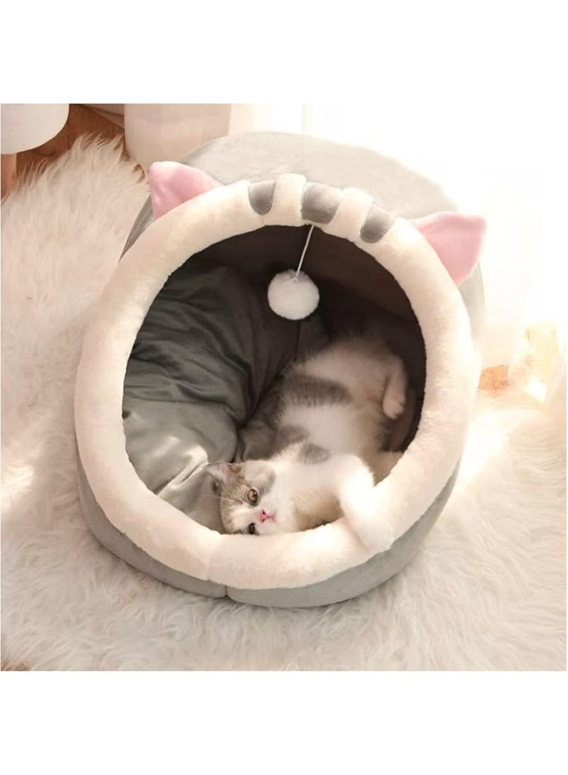 Homify Cave Cat Bed with Hanging Toy, 45*42*38CM Cat Bed Large, Soft Plush Pet Bed with  Removable Cotton Cushion, Machine Washable Cat House with Anti-Slip Bottom - Image 1