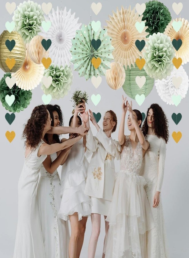 FETETIJD Sage Green Party Decorations Sage Green White Gold Party Decorations Paper Pom Poms Paper Fans Lanterns Sage Beige Gold Love Heart Garland for Birthday Baby Shower Wedding Bridal Shower Party Decor - Image 2