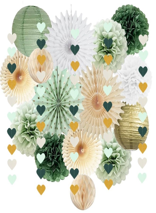 FETETIJD Sage Green Party Decorations Sage Green White Gold Party Decorations Paper Pom Poms Paper Fans Lanterns Sage Beige Gold Love Heart Garland for Birthday Baby Shower Wedding Bridal Shower Party Decor - Image 1