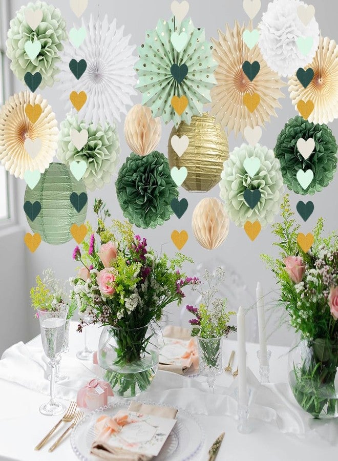 FETETIJD Sage Green Party Decorations Sage Green White Gold Party Decorations Paper Pom Poms Paper Fans Lanterns Sage Beige Gold Love Heart Garland for Birthday Baby Shower Wedding Bridal Shower Party Decor - Image 3