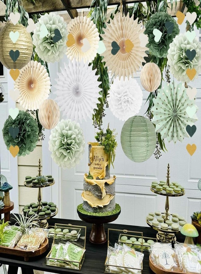 FETETIJD Sage Green Party Decorations Sage Green White Gold Party Decorations Paper Pom Poms Paper Fans Lanterns Sage Beige Gold Love Heart Garland for Birthday Baby Shower Wedding Bridal Shower Party Decor - Image 5