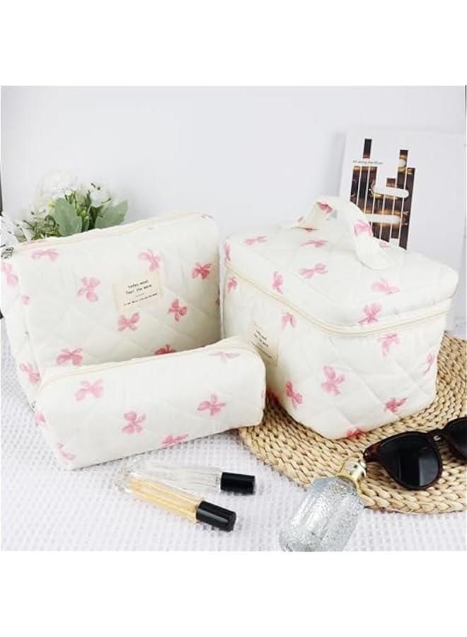 3Pc Cotton Quilted Makeup Bag for Women Extra Large Coquette Small Floral Travel Cosmetic Bag Set Aesthetic Cute Bow Makeup Pouch Portable Toiletry Bag Puffy Essential Storage Organizer Bag - Image 3