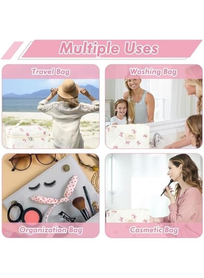 3Pc Cotton Quilted Makeup Bag for Women Extra Large Coquette Small Floral Travel Cosmetic Bag Set Aesthetic Cute Bow Makeup Pouch Portable Toiletry Bag Puffy Essential Storage Organizer Bag - Image 5