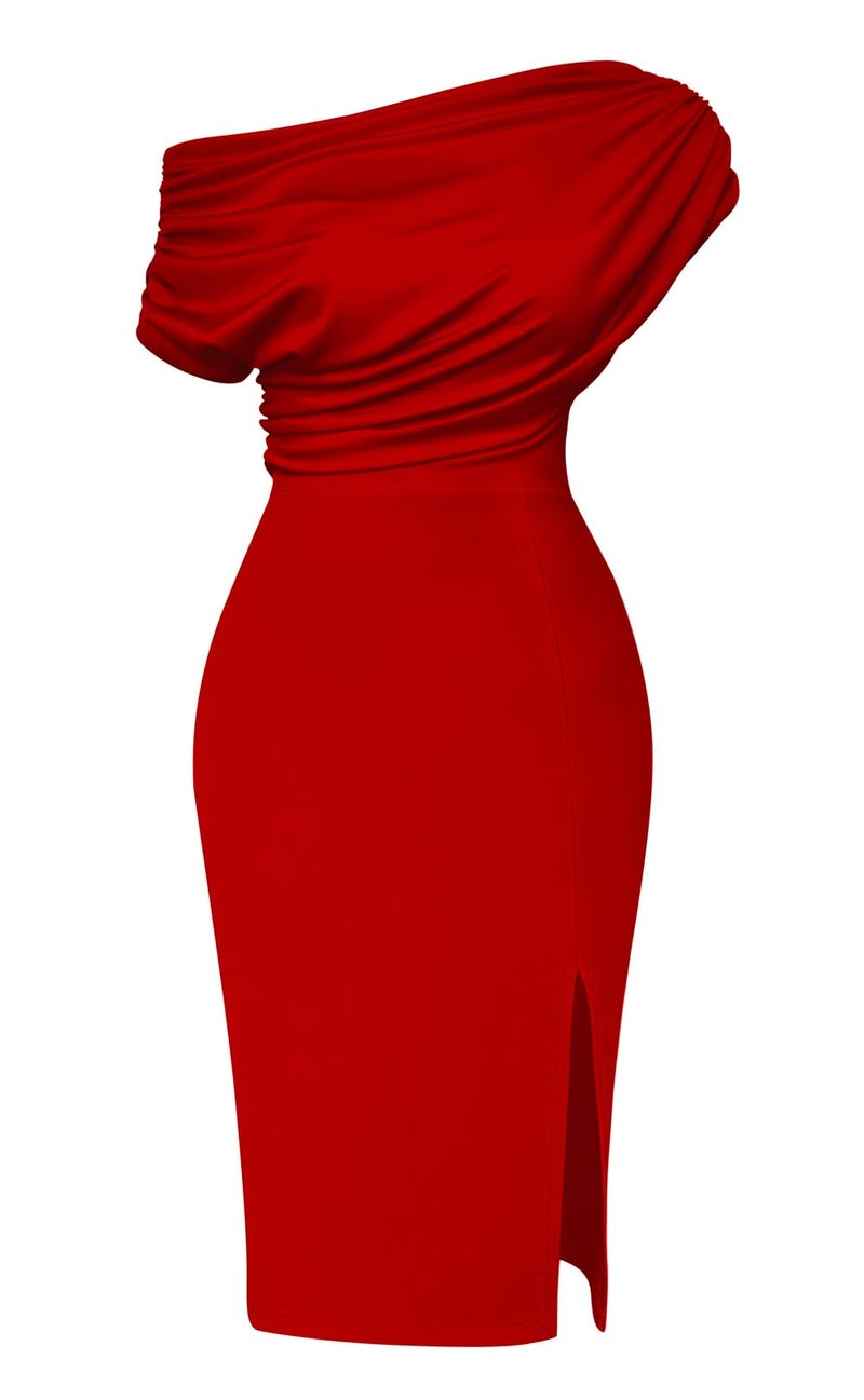 Memoriesea Women's Elegant Off Shoulder Split Hem Bodycon Ruched Midi Club Party Dress Red - Image 1